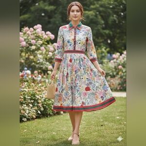 Dalia MacPhee Floral Pleated Fit Flare Midi Dress Sz M